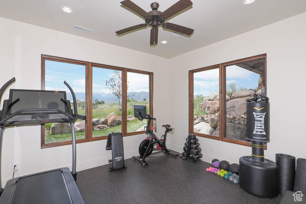 Exercise area featuring ceiling fan