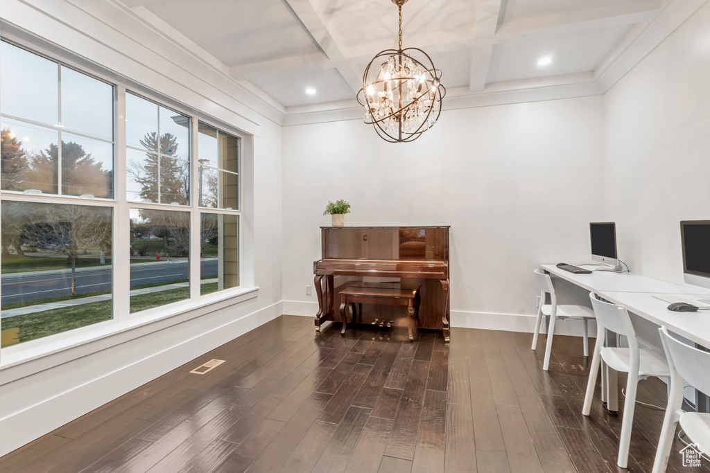 Office featuring coffered ceiling, beam ceiling, dark hardwood / wood-style floors, and an inviting chandelier