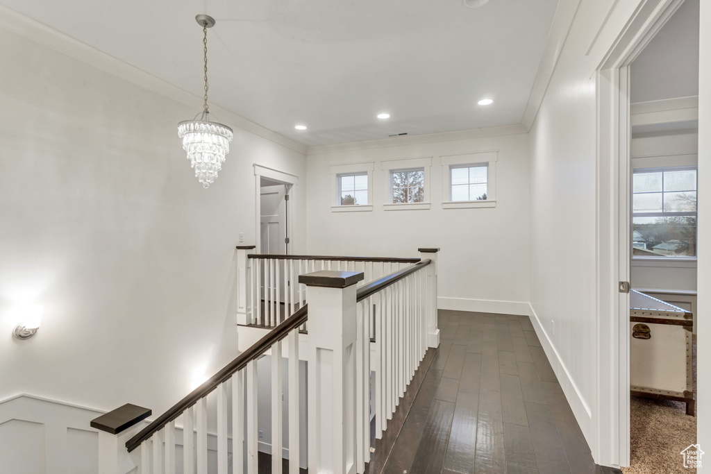 Hallway with dark hardwood / wood-style floors, ornamental molding, and a notable chandelier