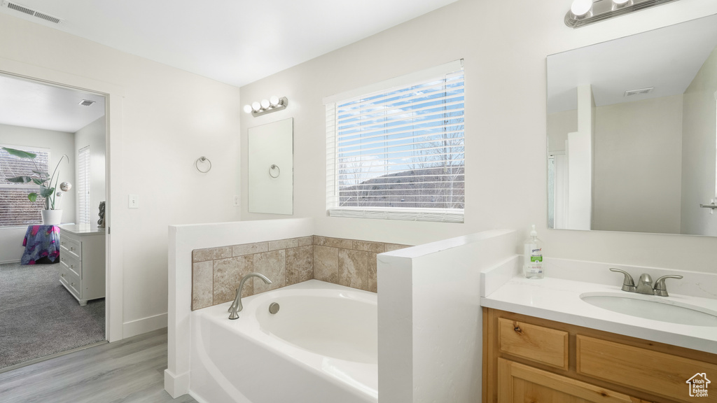 Bathroom with plenty of natural light, oversized vanity, a washtub, and wood-type flooring