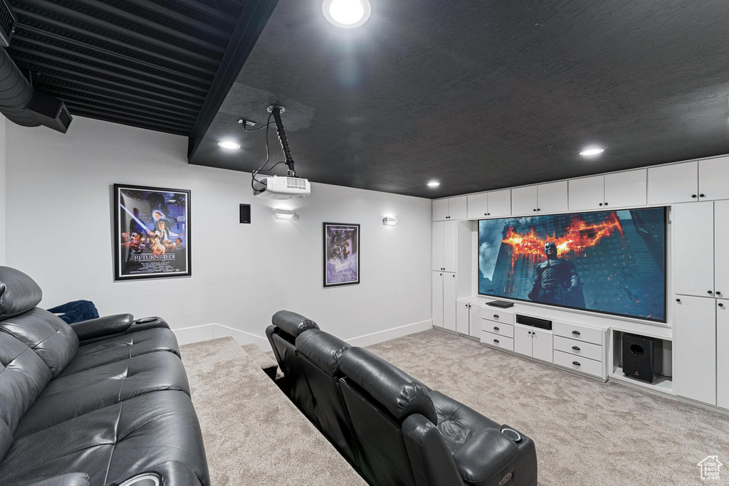 Home theater featuring light colored carpet