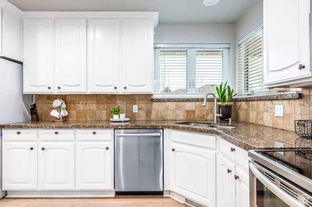Kitchen with white cabinets, backsplash, dishwasher, and sink