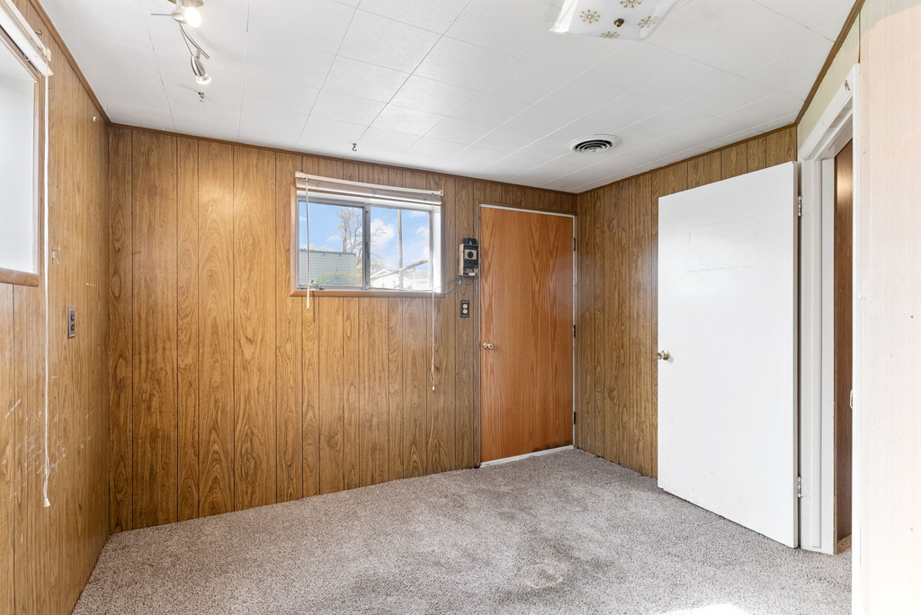 Spare room with carpet flooring and wooden walls