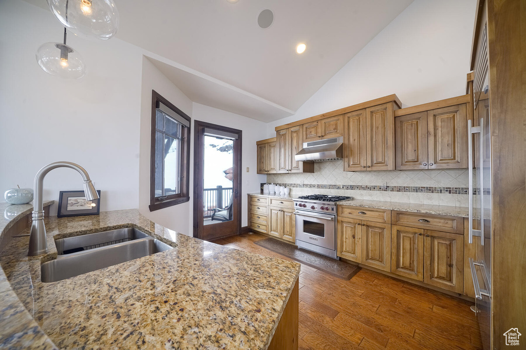 Kitchen featuring dark hardwood / wood-style floors, premium range, sink, light stone counters, and hanging light fixtures