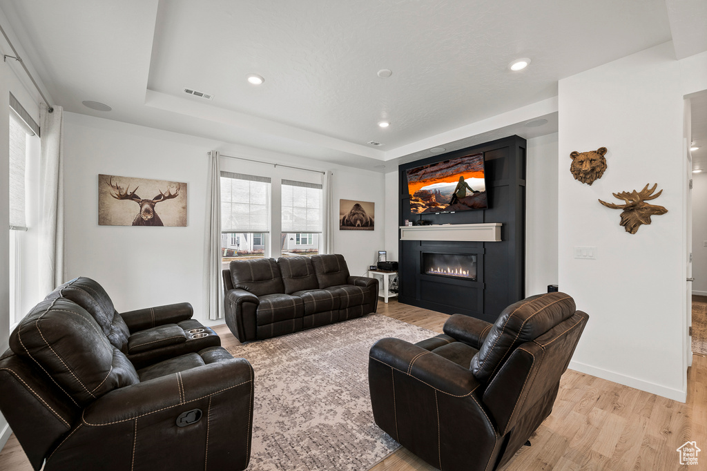 Living room featuring a raised ceiling and light hardwood / wood-style flooring