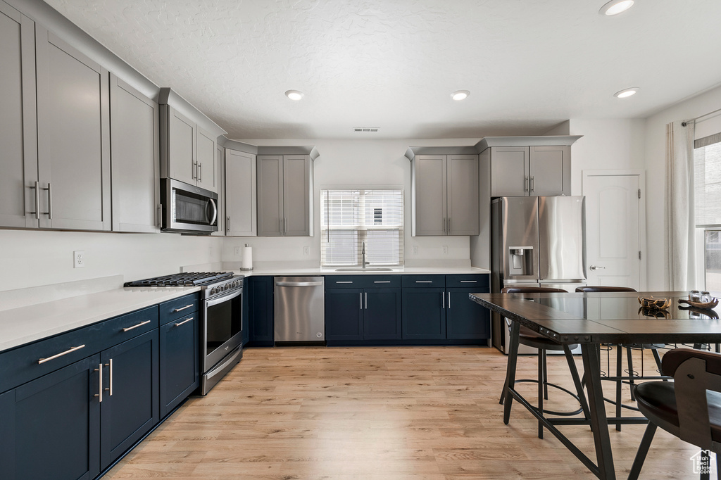 Kitchen featuring sink, appliances with stainless steel finishes, light hardwood / wood-style floors, and a wealth of natural light