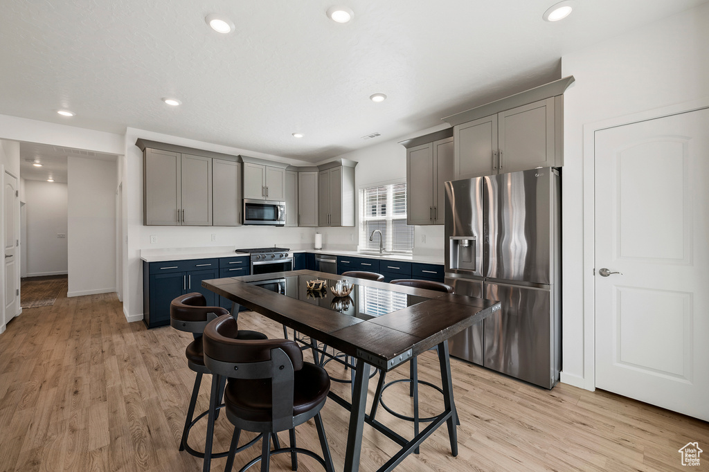 Kitchen with gray cabinetry, light hardwood / wood-style floors, stainless steel appliances, and sink