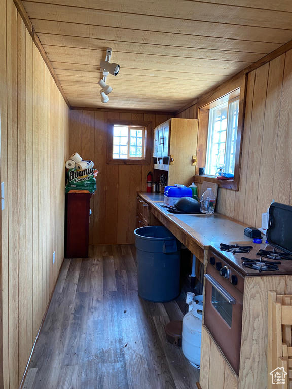 Office space with hardwood / wood-style floors, wooden walls, wooden ceiling, and a healthy amount of sunlight