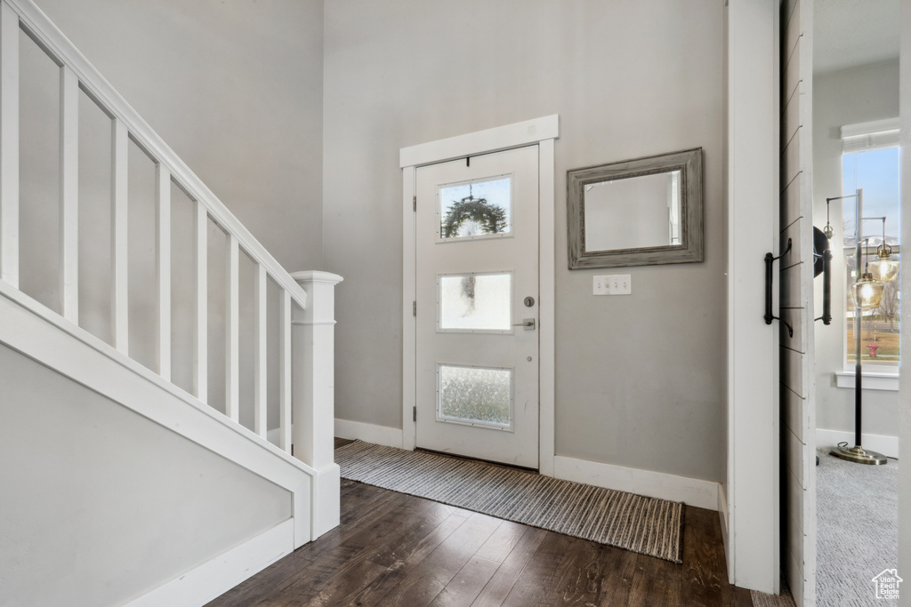 Foyer entrance featuring dark wood-type flooring and a wealth of natural light