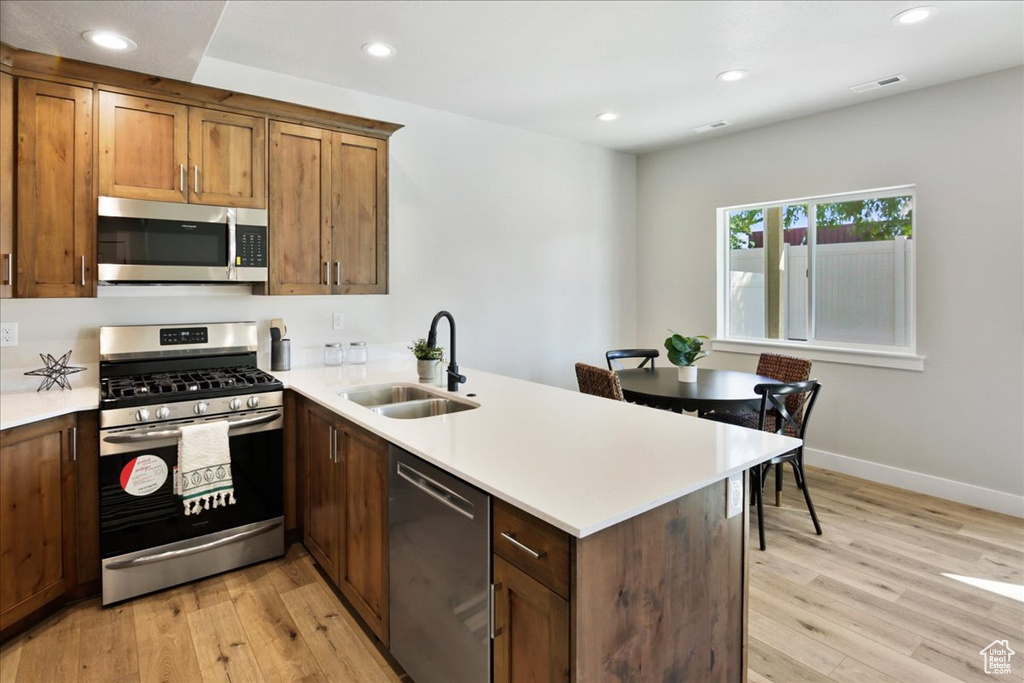 Kitchen featuring stainless steel appliances, sink, and light wood-type flooring