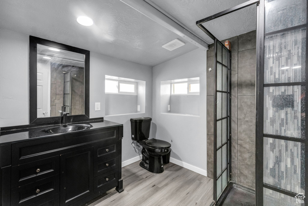 Bathroom featuring toilet, vanity, hardwood / wood-style floors, lofted ceiling, and an enclosed shower