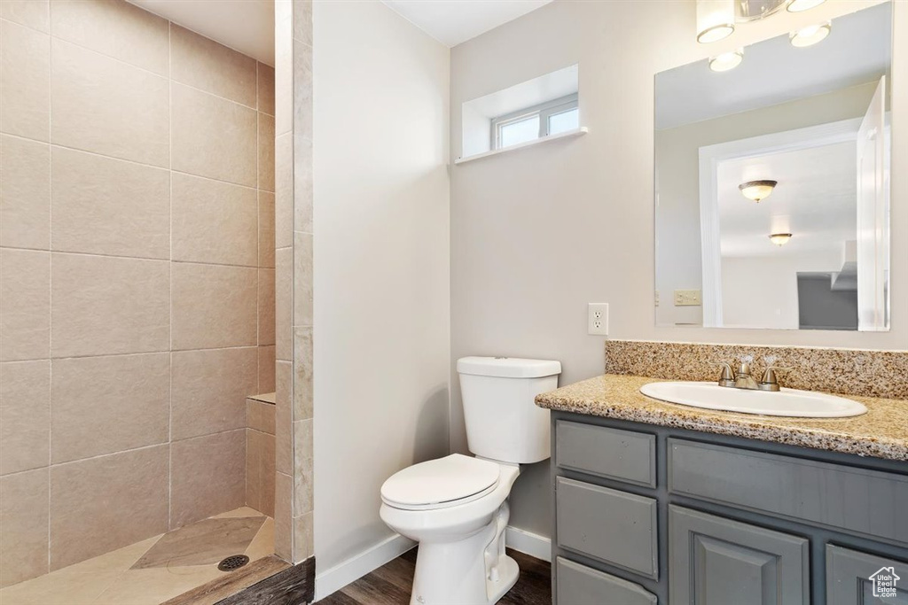 Bathroom featuring toilet, vanity, wood-type flooring, and tiled shower