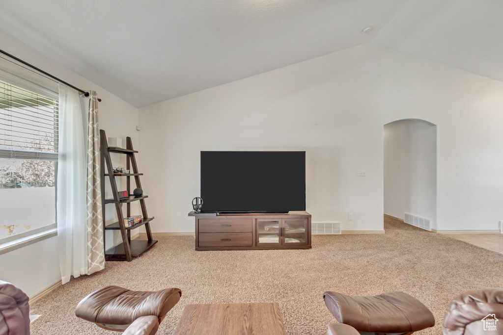 Carpeted living room with vaulted ceiling