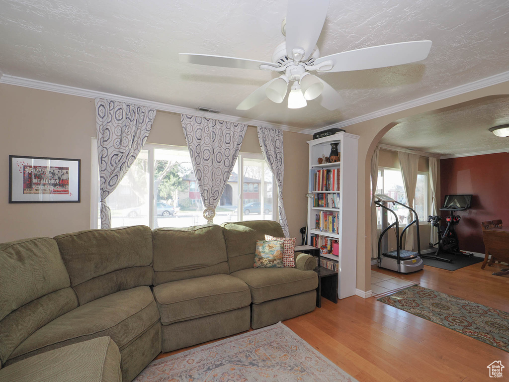 Living room featuring light hardwood / wood-style floors, ceiling fan, a textured ceiling, and crown molding