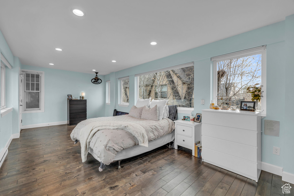 Bedroom with multiple windows and dark hardwood / wood-style floors