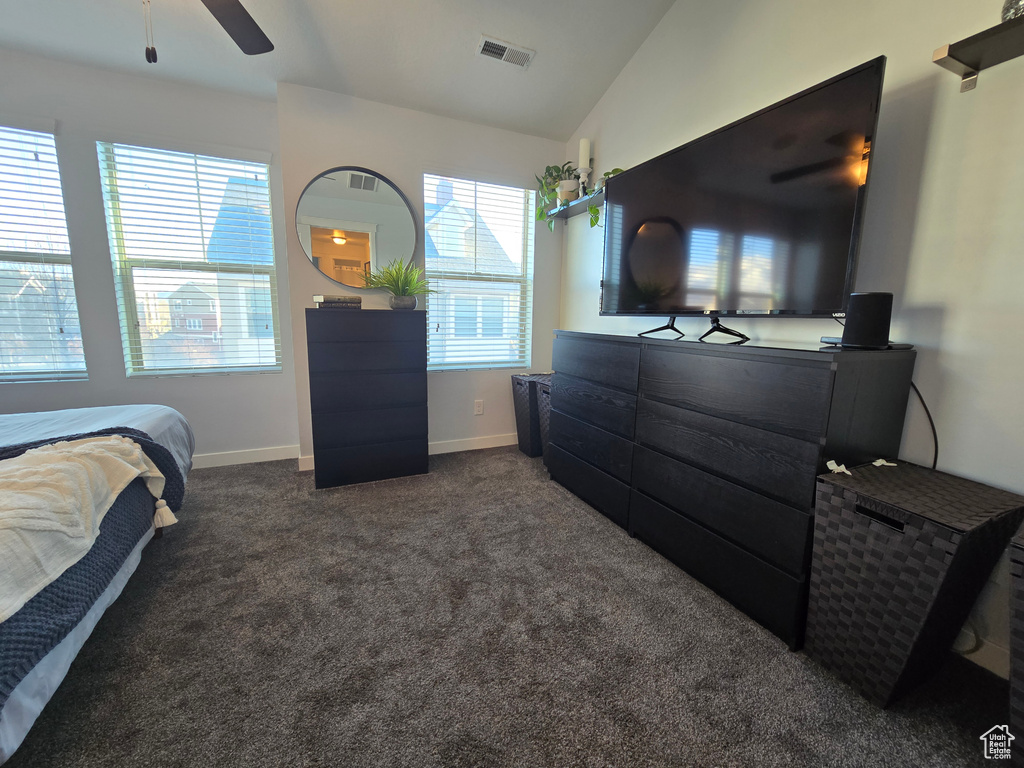 Carpeted bedroom featuring lofted ceiling, multiple windows, and ceiling fan