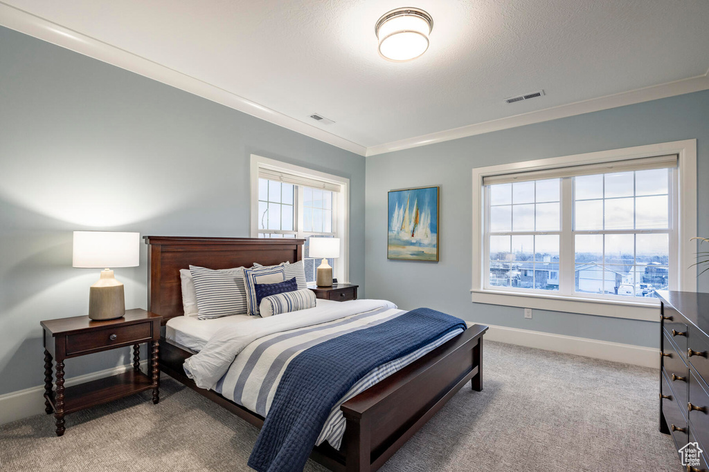 Bedroom featuring light colored carpet, ornamental molding, and multiple windows