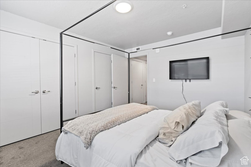 Bedroom featuring light carpet and multiple closets