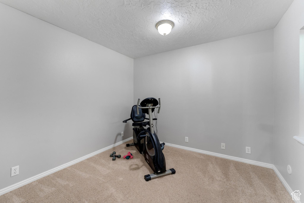 Workout room with light carpet and a textured ceiling