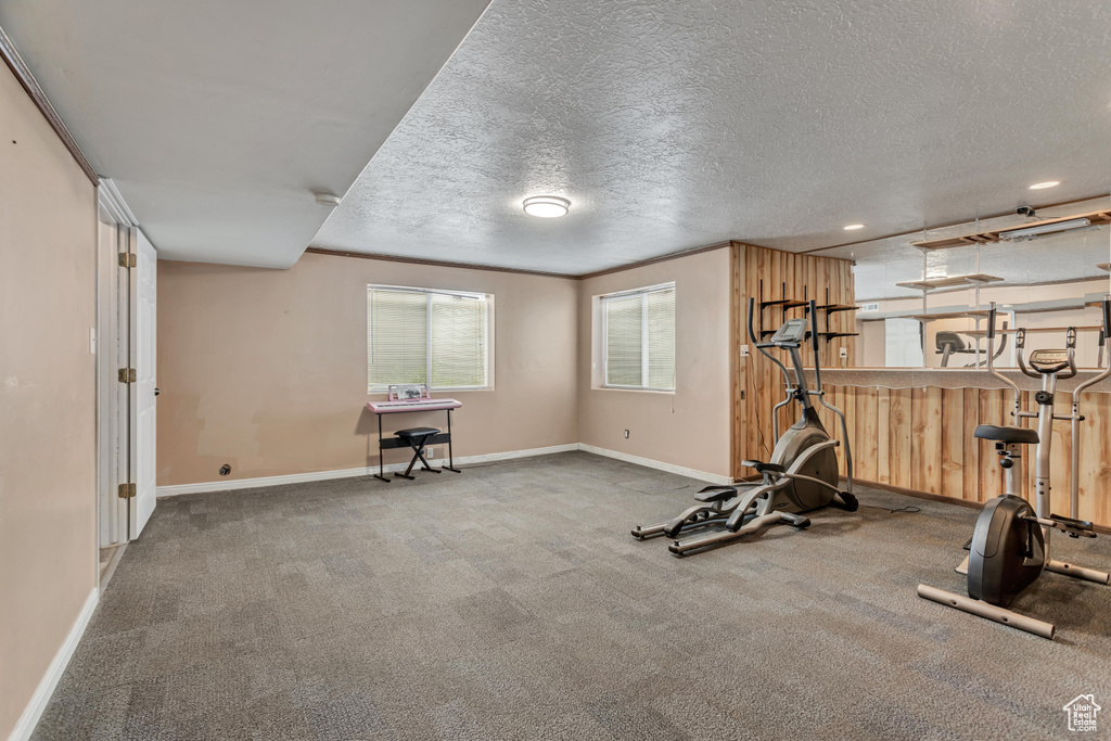 Workout area featuring carpet flooring and a textured ceiling