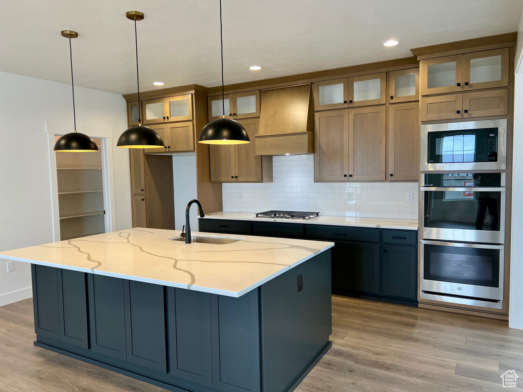 Kitchen featuring hardwood / wood-style flooring, appliances with stainless steel finishes, custom exhaust hood, and a kitchen island with sink