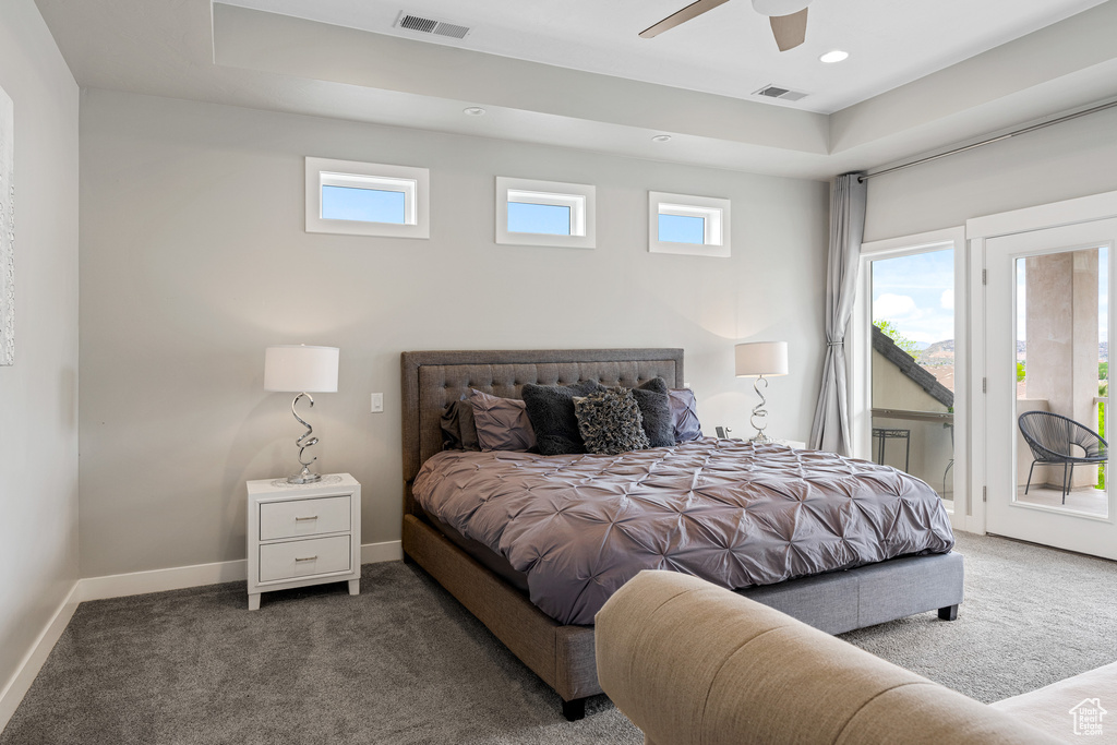 Bedroom featuring carpet flooring, access to outside, and ceiling fan