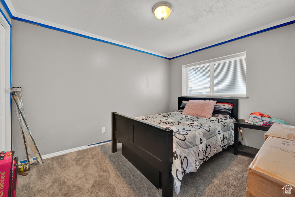Bedroom with crown molding and dark carpet