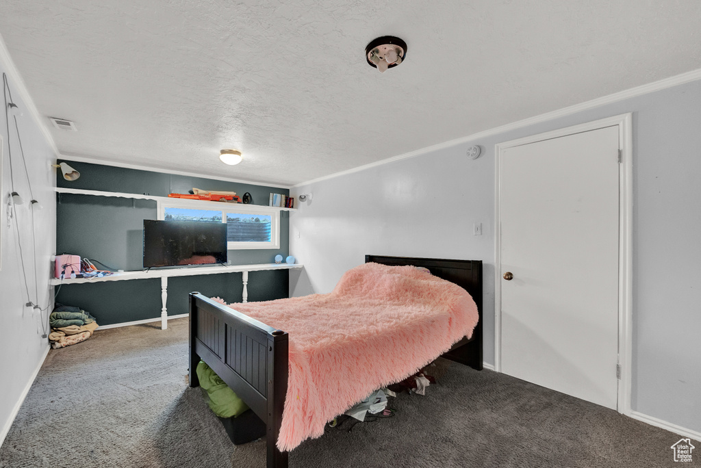 Bedroom featuring carpet and a textured ceiling