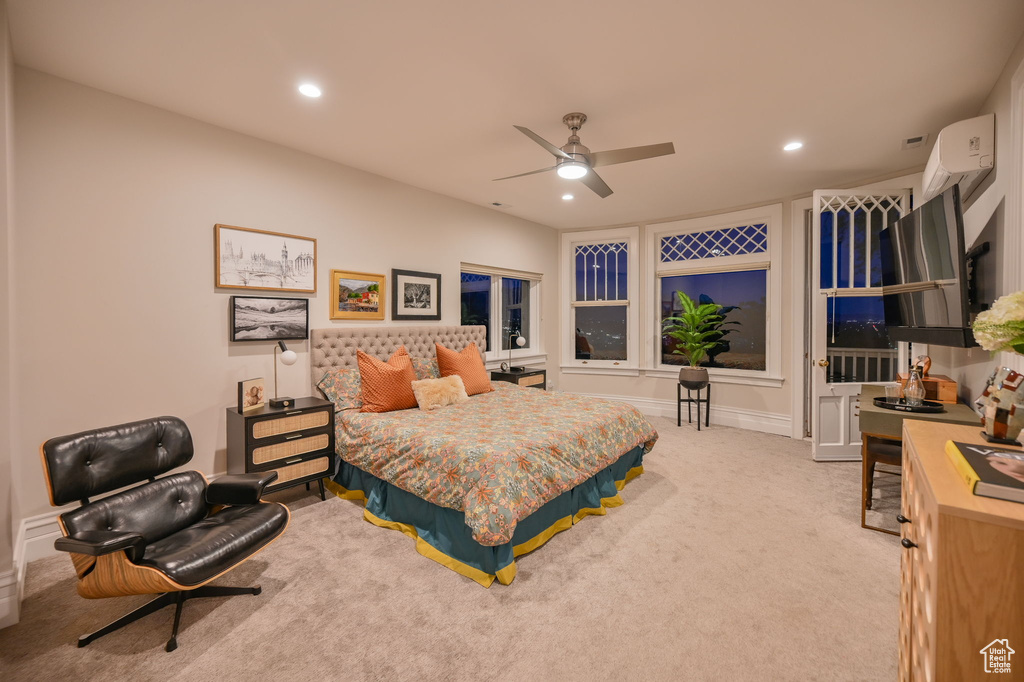 Bedroom with light carpet and ceiling fan