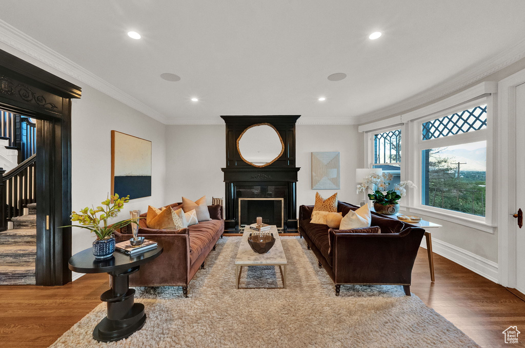 Living room featuring a large fireplace, hardwood / wood-style flooring, and crown molding
