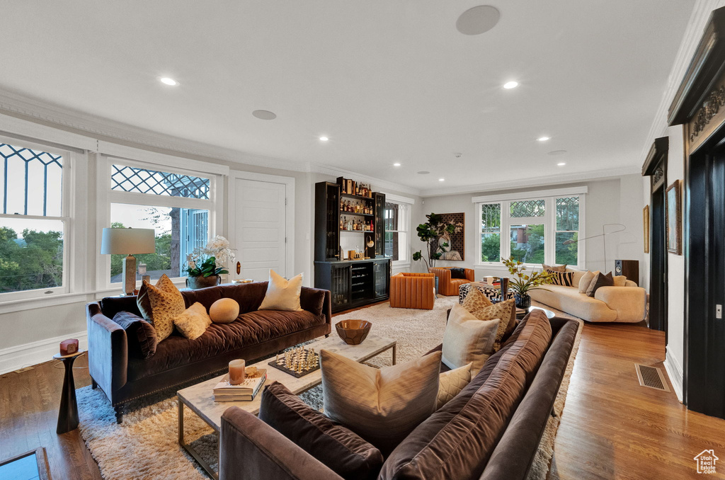 Living room featuring light hardwood / wood-style floors and crown molding