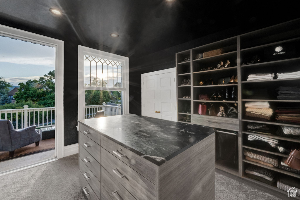 Spacious closet featuring dark colored carpet