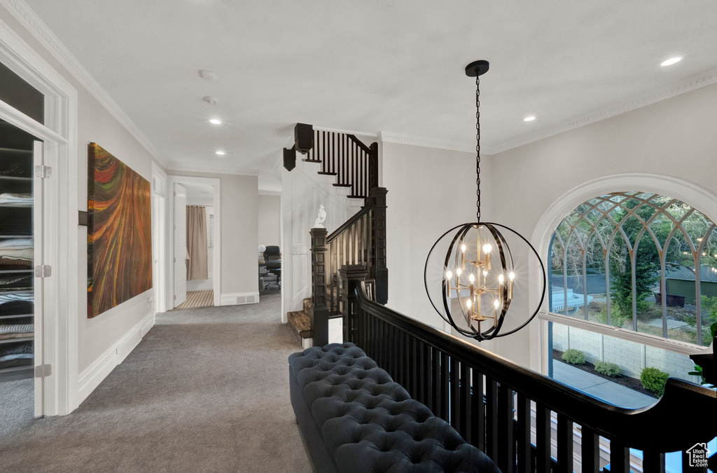 Hall with a notable chandelier, ornamental molding, dark colored carpet, and a wealth of natural light