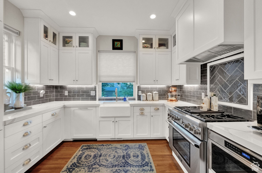 Kitchen featuring stainless steel range, white cabinetry, dark wood-type flooring, and sink