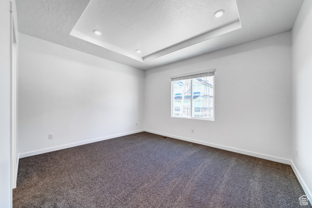 Carpeted spare room featuring a tray ceiling