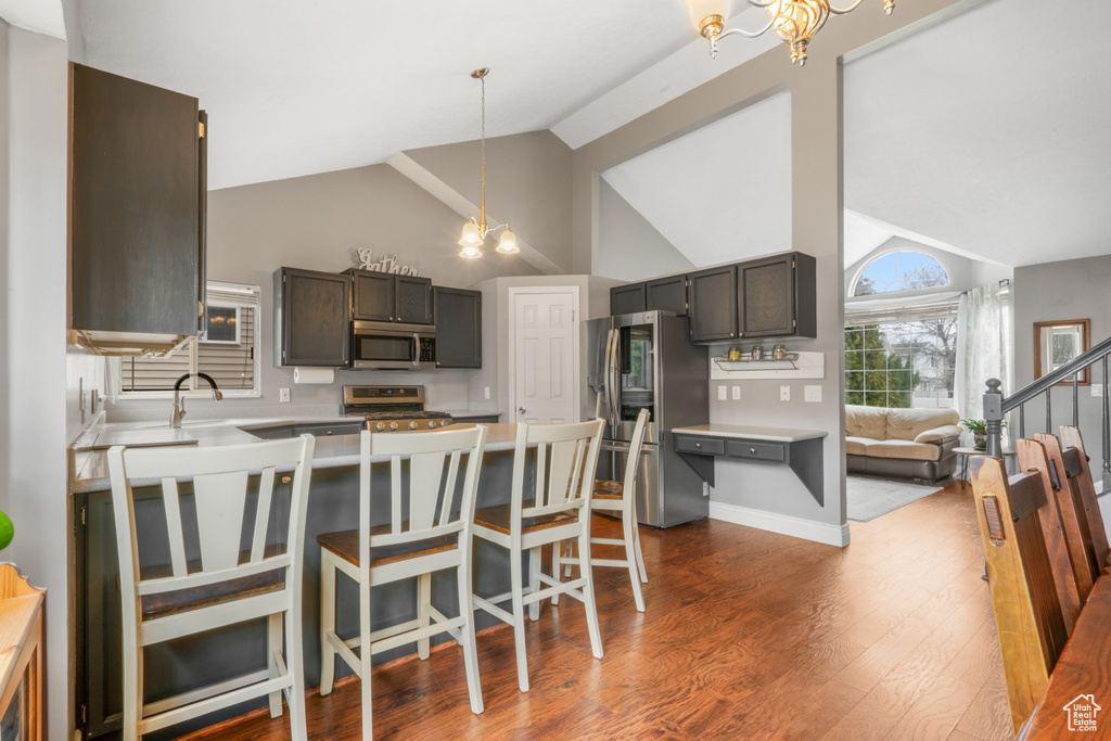 Kitchen with pendant lighting, high vaulted ceiling, appliances with stainless steel finishes, dark hardwood / wood-style floors, and an inviting chandelier