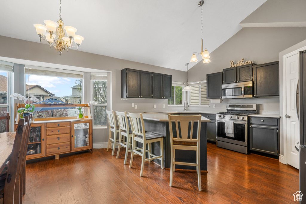 Kitchen featuring a chandelier, decorative light fixtures, appliances with stainless steel finishes, and dark hardwood / wood-style flooring