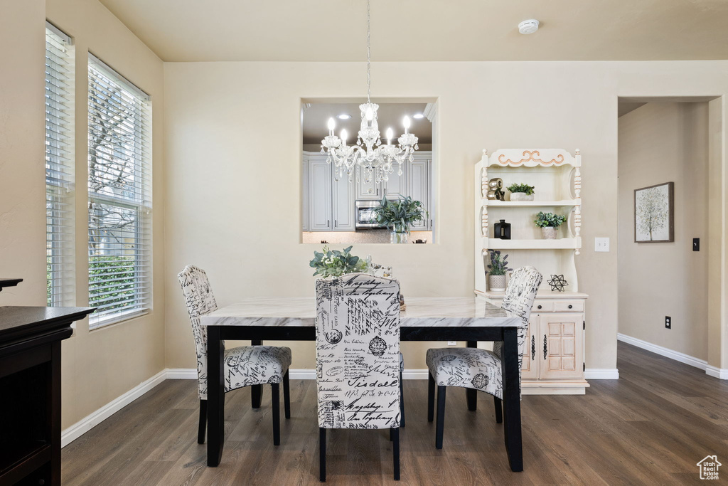 Dining room with an inviting chandelier, a wealth of natural light, and dark hardwood / wood-style flooring