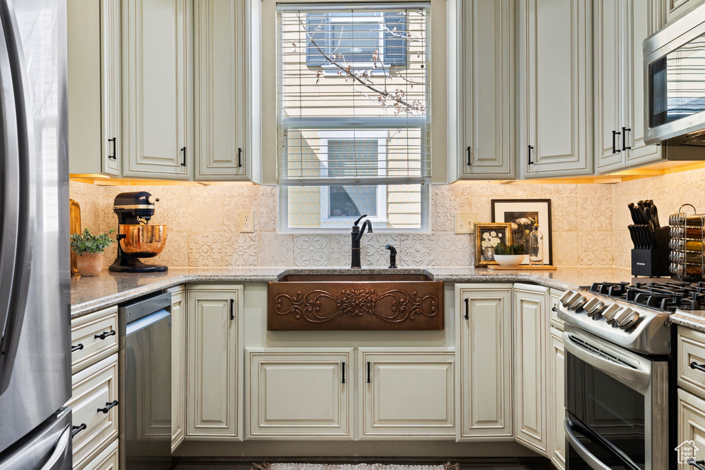 Kitchen featuring plenty of natural light, tasteful backsplash, sink, and stainless steel appliances