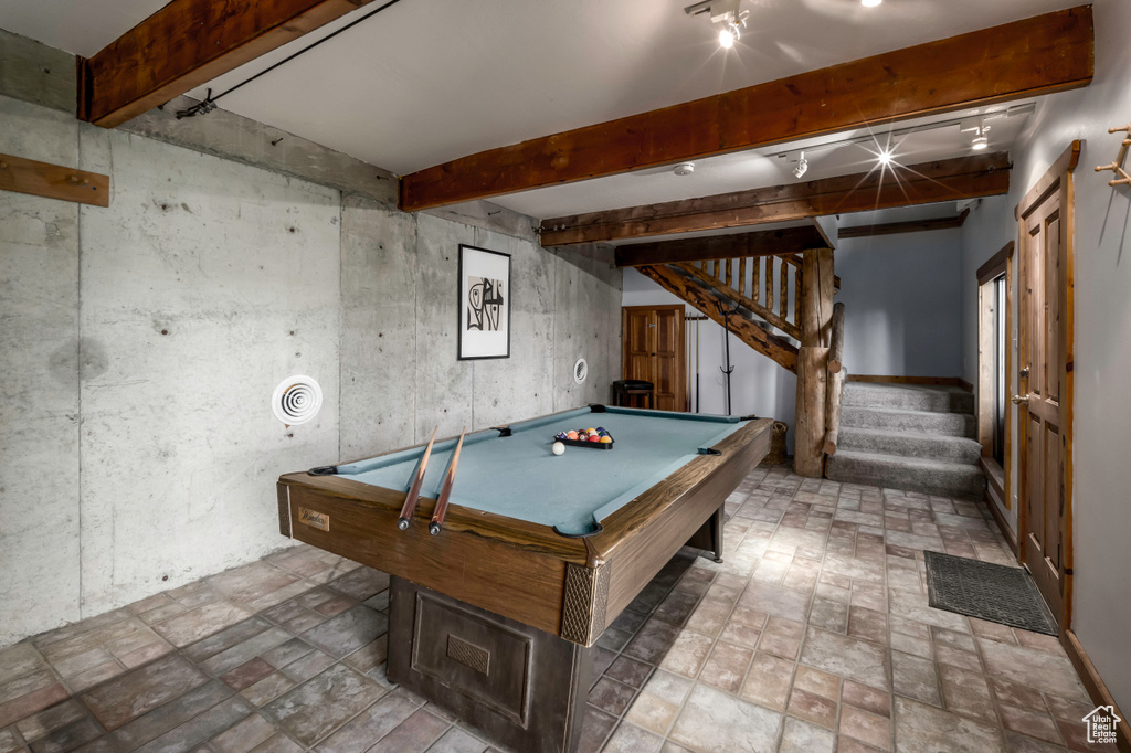Rec room featuring rail lighting, tile flooring, pool table, and beam ceiling