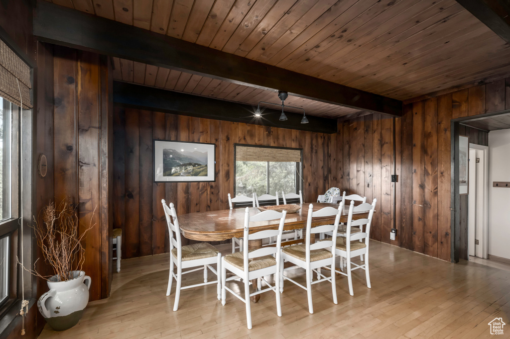 Dining area featuring wooden walls, beamed ceiling, wooden ceiling, and light wood-type flooring