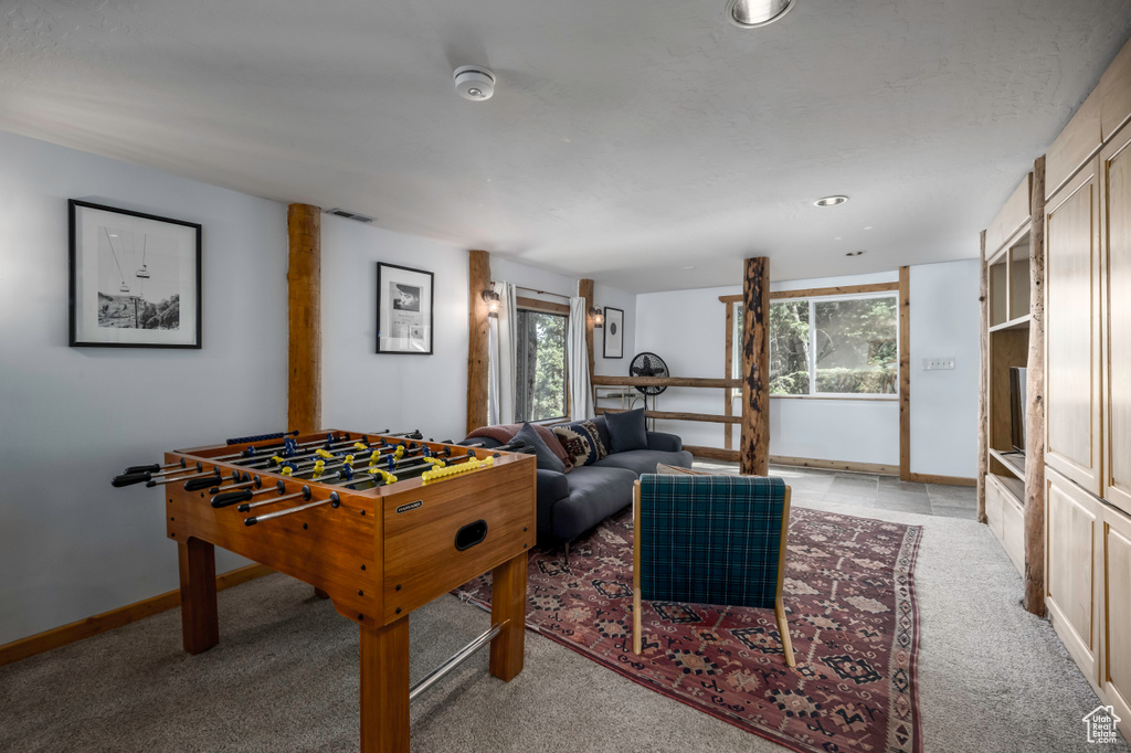Game room featuring light colored carpet