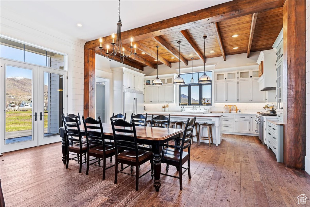 Dining space featuring dark hardwood / wood-style floors, a healthy amount of sunlight, a notable chandelier, and wood ceiling