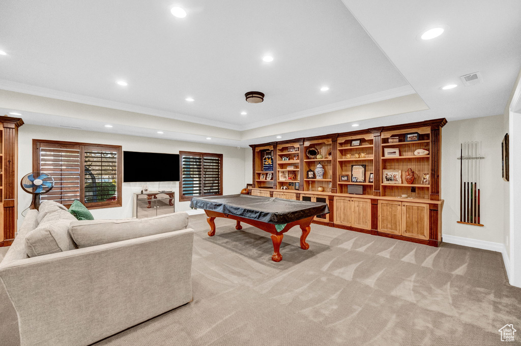 Recreation room featuring ornamental molding, pool table, a raised ceiling, and light colored carpet
