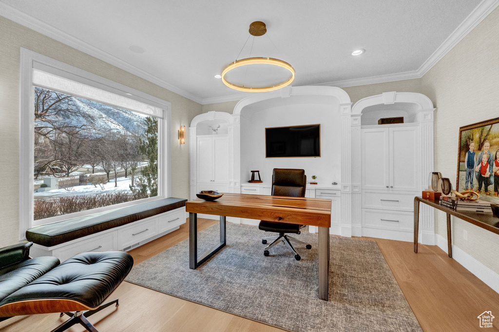 Office area featuring crown molding and light hardwood / wood-style flooring