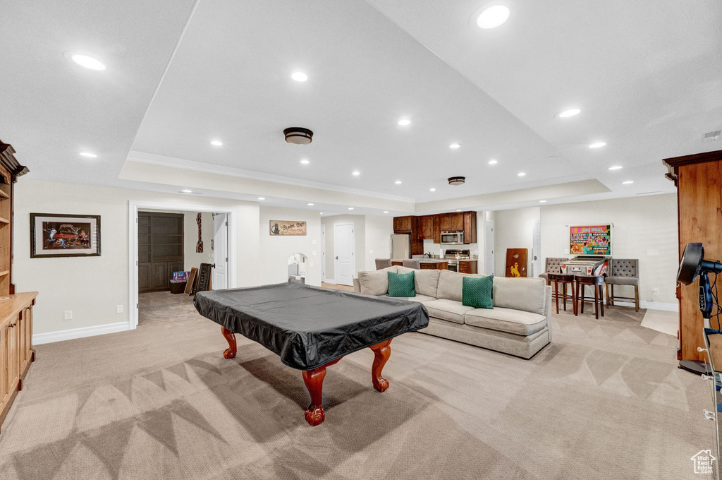 Recreation room with billiards, a tray ceiling, and light colored carpet
