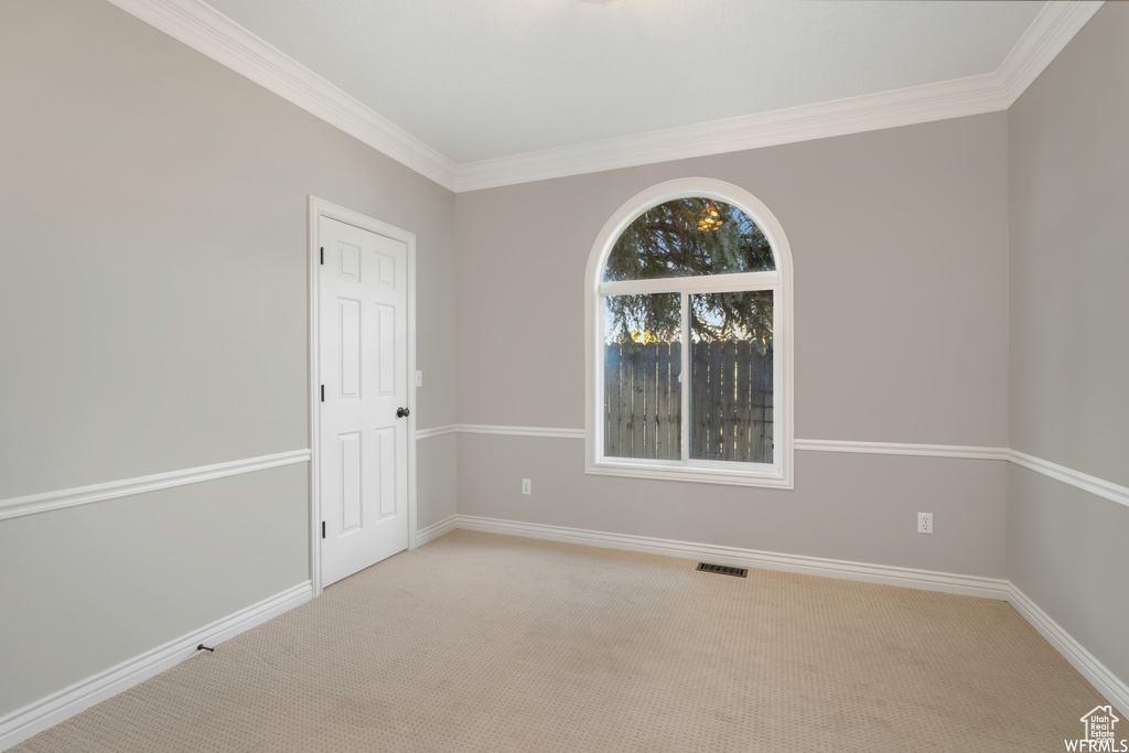 Carpeted spare room with ornamental molding