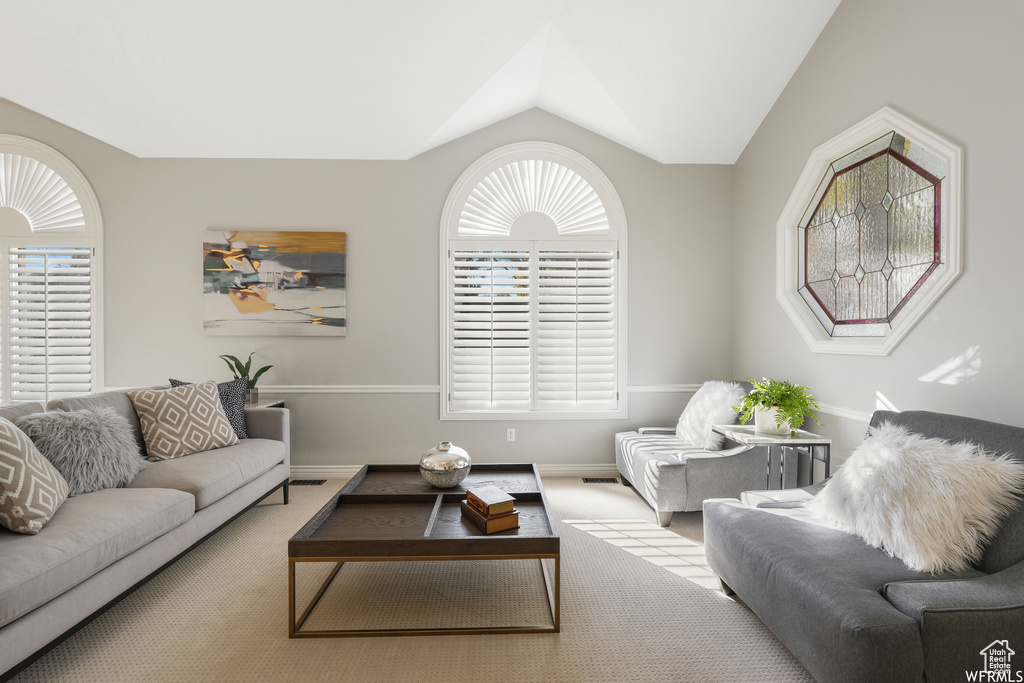 Carpeted living room featuring vaulted ceiling and a wealth of natural light