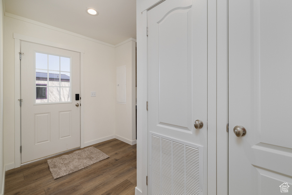 Doorway featuring dark hardwood / wood-style floors