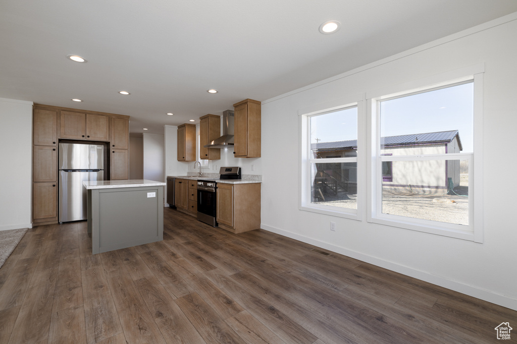 Kitchen featuring dark hardwood / wood-style flooring, a kitchen island, stainless steel appliances, wall chimney range hood, and sink